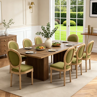 Ensemble de table de salle à manger extensible 63"-78,7" pour 8 personnes avec rangement, table de cuisine en bois de noyer de style ferme et 8 chaises en tissu
