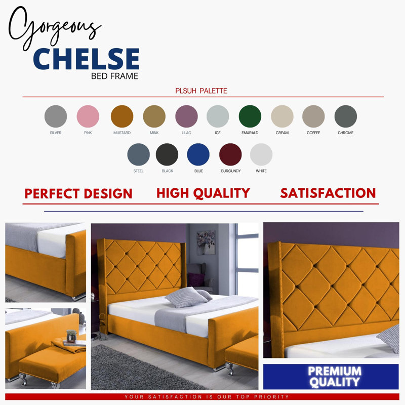 Descanso Chesterfield Velvet Upholstered Bed Frame - Buttoned Headboard, Chrome Feet, Small Double (4'), Mustard