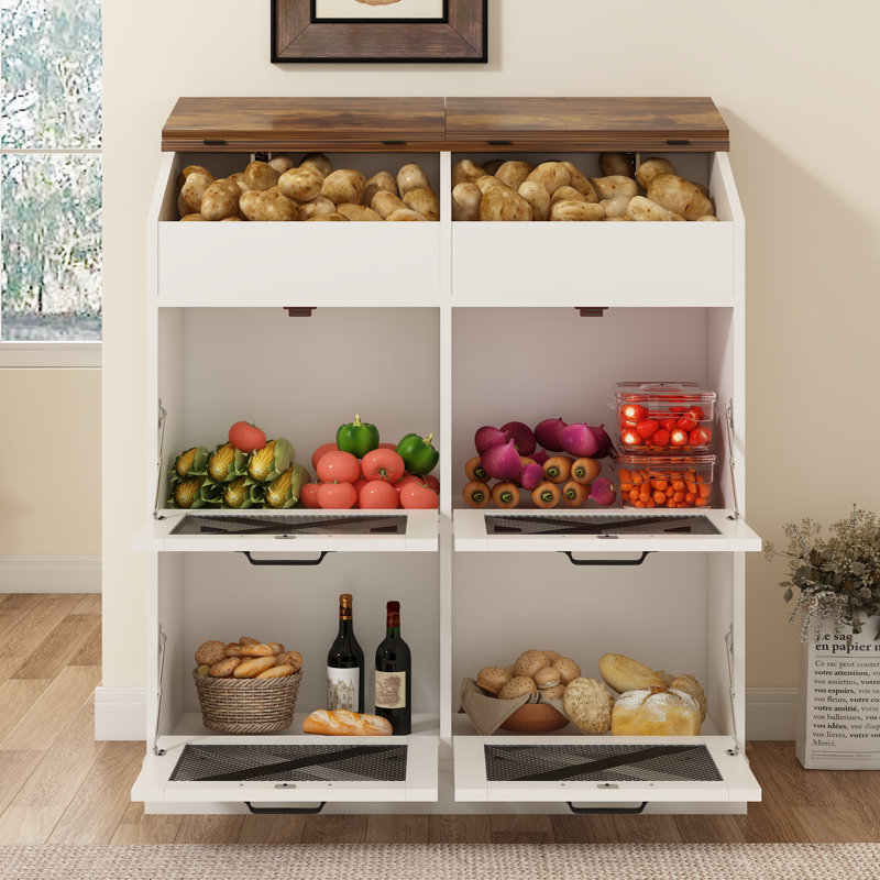 Large Wood Veggie Bin for Potato, Bread, Onion With 6 Large Storage Space. Root Vegetable Storage Box For Kitchen, Farmhouse Wood Potato Box With 4 Mesh Doors