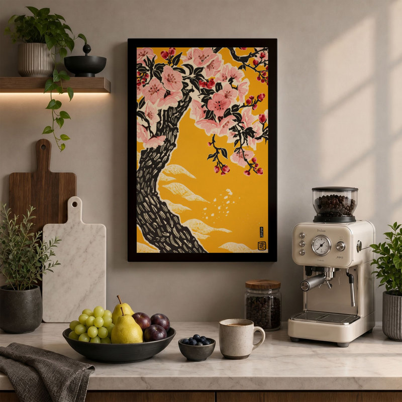 Blossoming Tree with Birds Japandi - Wrapped Canvas, 36x24 - 91.4 x 61.0 cm, Sage Border