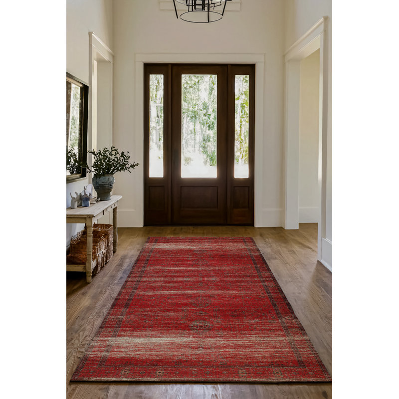 Guria Red/Beige Oriental Vintage Look Machine Printed Cotton Chenille Area Rug, Rectangle 6'7" x 7'3"