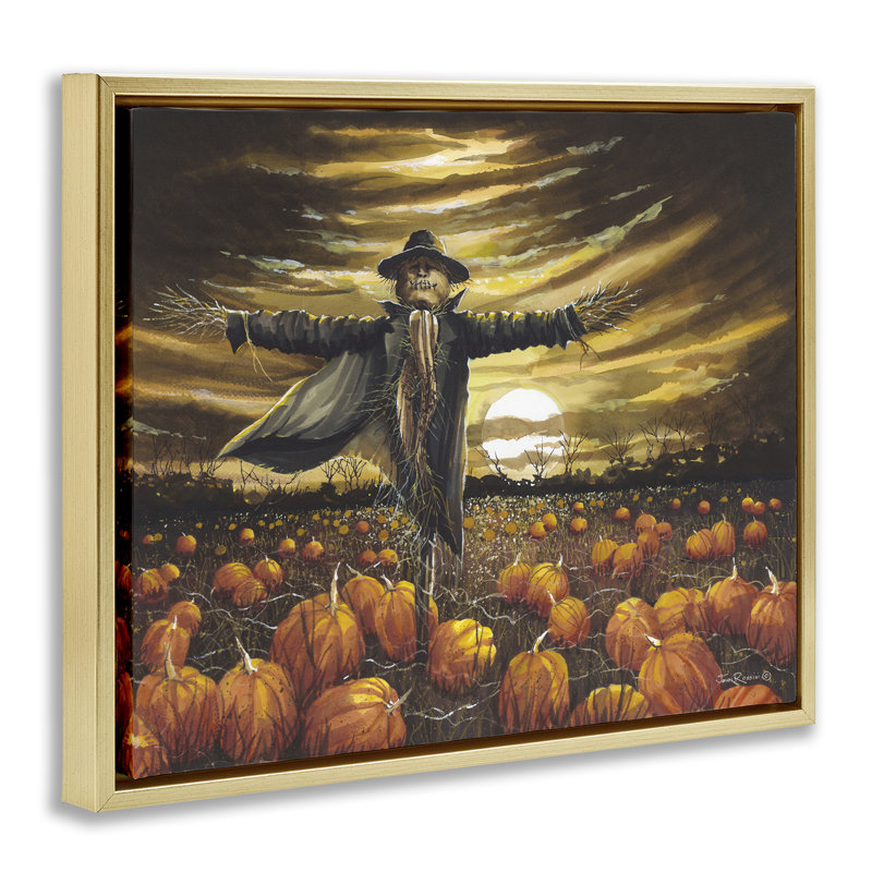 "Scarecrow in Pumpkin Field" par John Rossini, Cadre flottant métallique doré, H 17 po x l 21 po