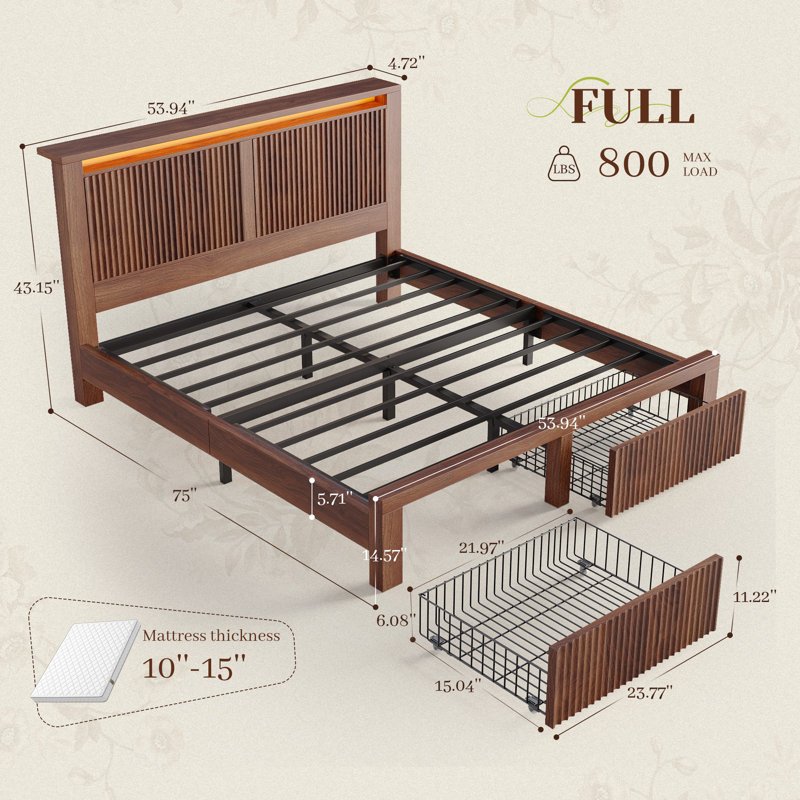 Fluted Panel Platform Bed with LED Headboard, Storage Drawers & USB Charging,No Box Spring Needed,Full/Dark Brown, Full