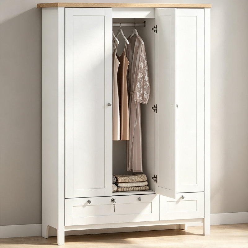 Armoire-penderie blanche à trois portes avec tiroirs verrouillables et tringle suspendue pour le rangement des vêtements de chambre à coucher