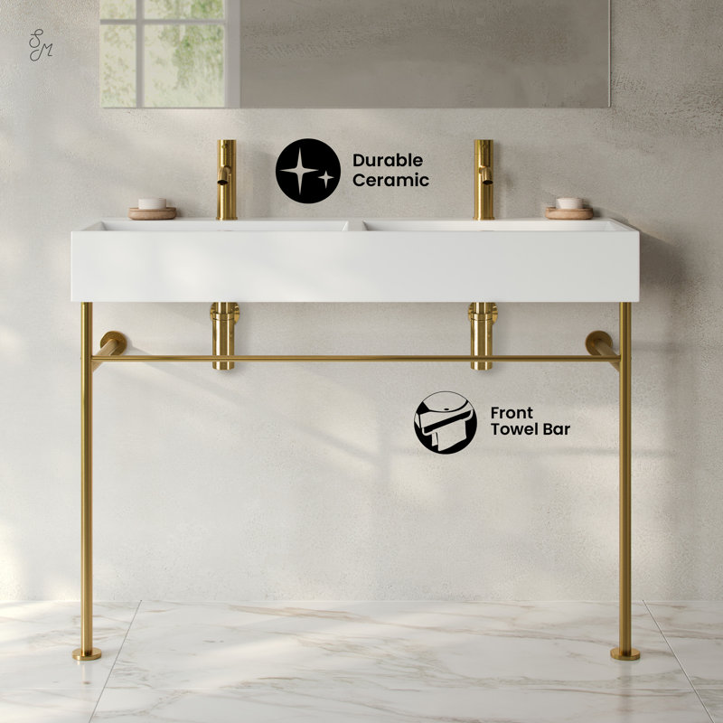Claire 48" Double Basin Console Sink With Legs, Brushed Gold