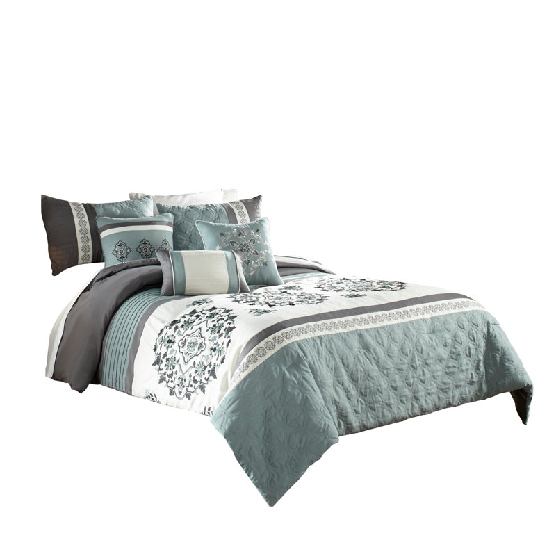  Ensemble d'édredon en microfibre bleu / gris 7 pièces, Très grand édredon + 6 pièces supplémentaires