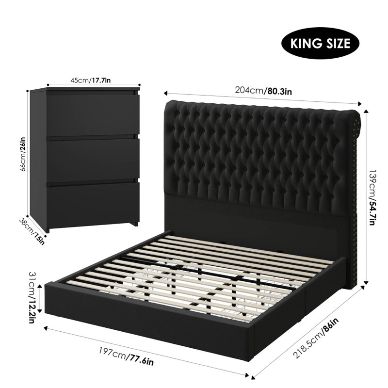 Ensemble de chambre à coucher 3 pièces, grand lit capitonné en velours, Très grand, Noir