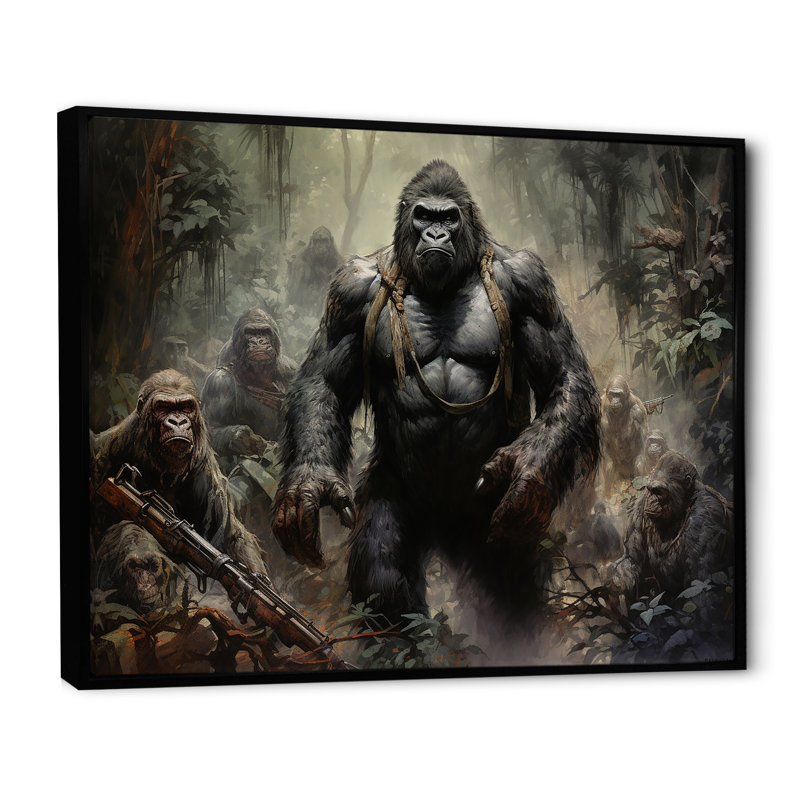 «Gorilla Soldier Jungle Journey», reproduction sur toile, Cadre flottant noir, H 24 po x l 32 po x P 1 po