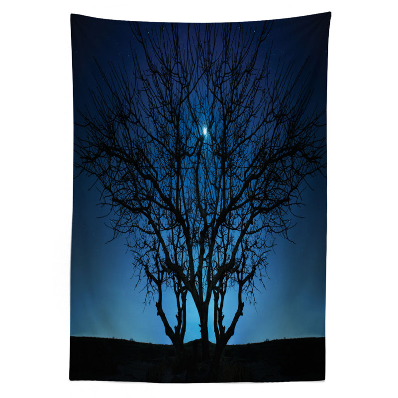 Ambesonne Navy Blue Tablecloth, Tree Under Clear Night Sky With Moon And Stars Galaxy Nature Landscape Art Print, Rectangular Table Cover For Dining Room Kitchen Decor, 52" X 70", Navy Black
