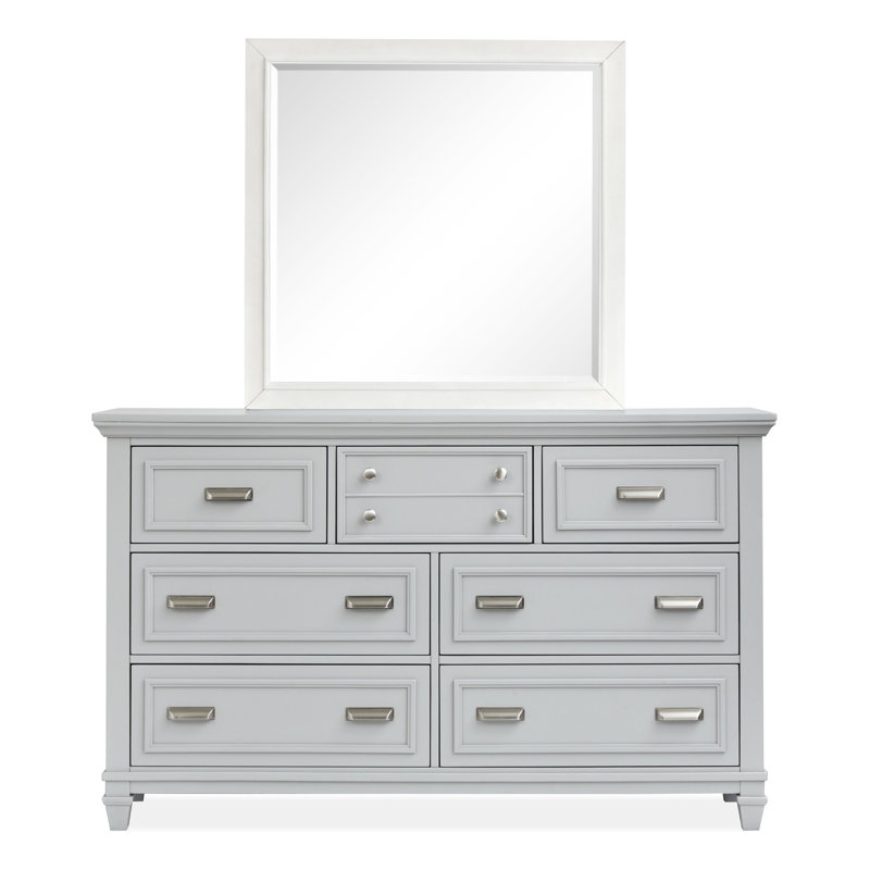 Commode à tiroirs gris avec miroir de paysage blanc, Gris / Blanc