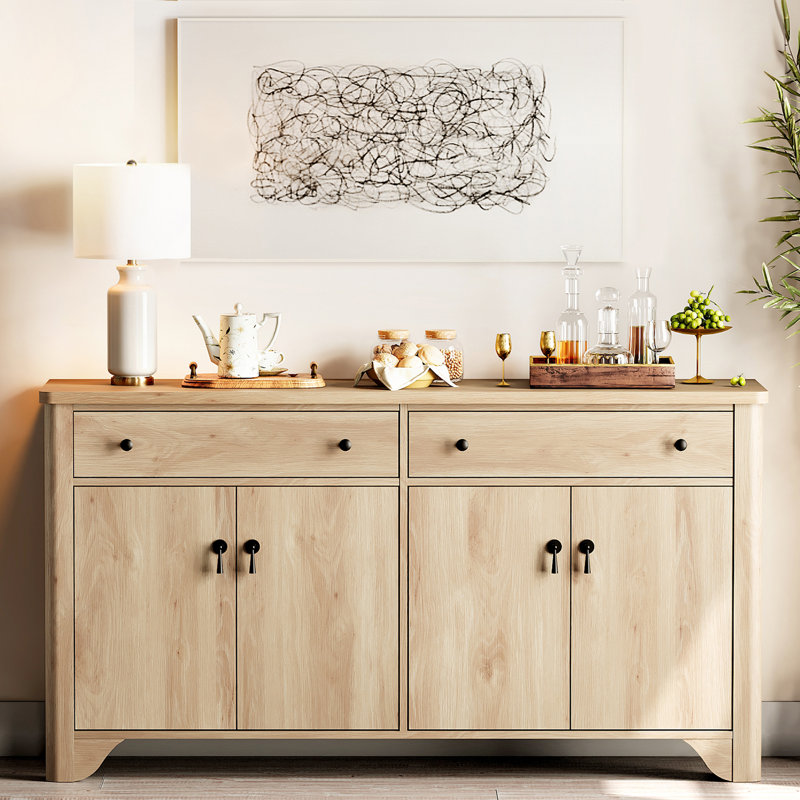 Armoire décorative 4 portes avec tablette réglable, armoire de rangement pour la salle à manger Haikey, Chêne