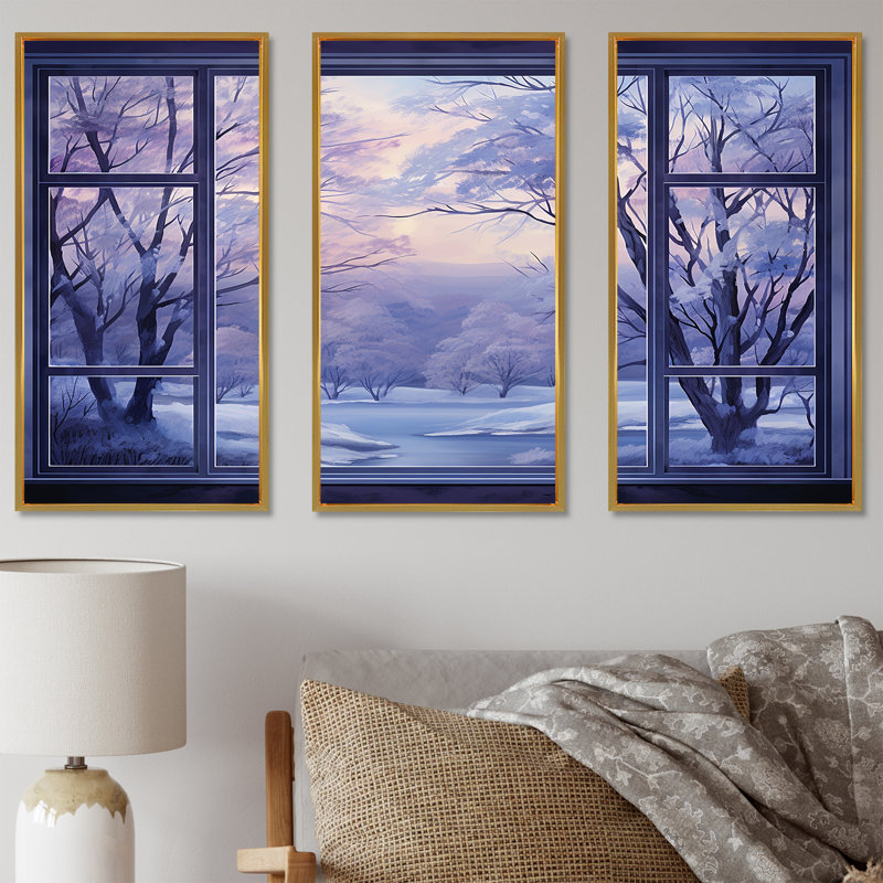«Purple River Winter Windows IV - Winter Landscape», art mural, Cadre flottant doré, H 40 po x l 61 po x P 1 po