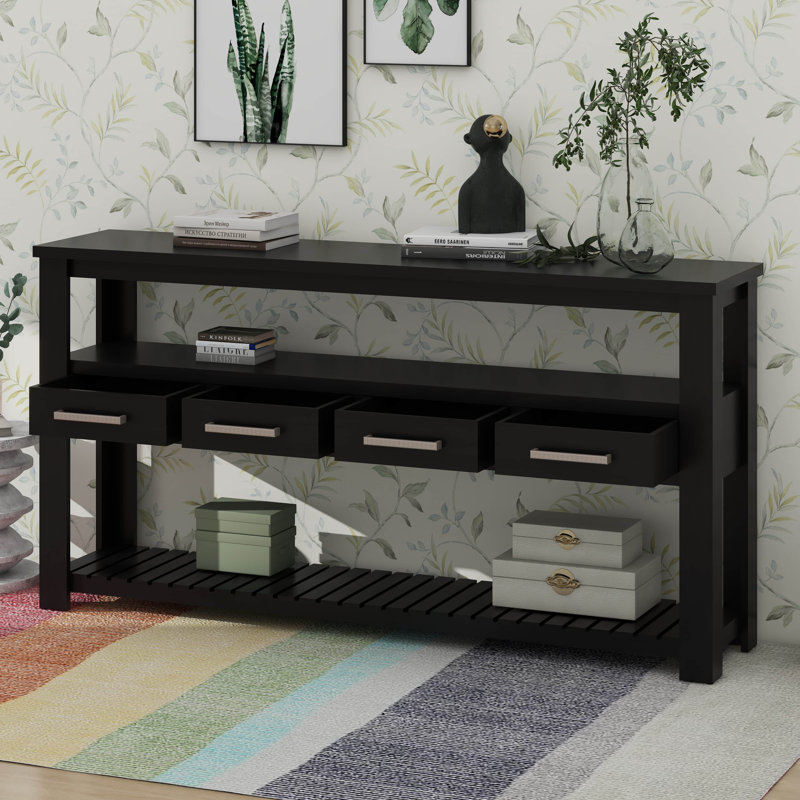 Modern Console Table Long Narrow Sofa Entry Table With Drawers & Open Shelves, Black