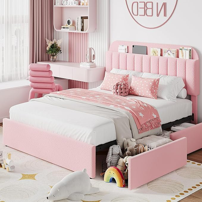 Faux Fur Upholstered Bed Frame with Storage Headboard, 2 Drawers, Queen, Pink