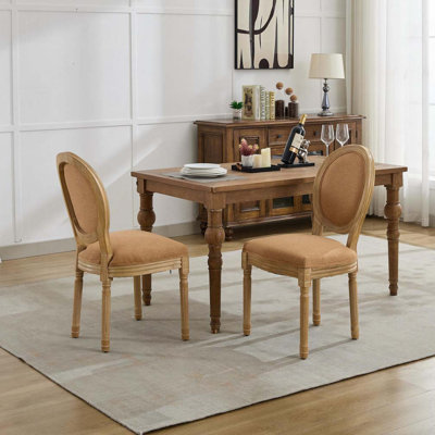 Solid Wood Frame Antique Painting Linen Fabric Rattan Back Dining Chair