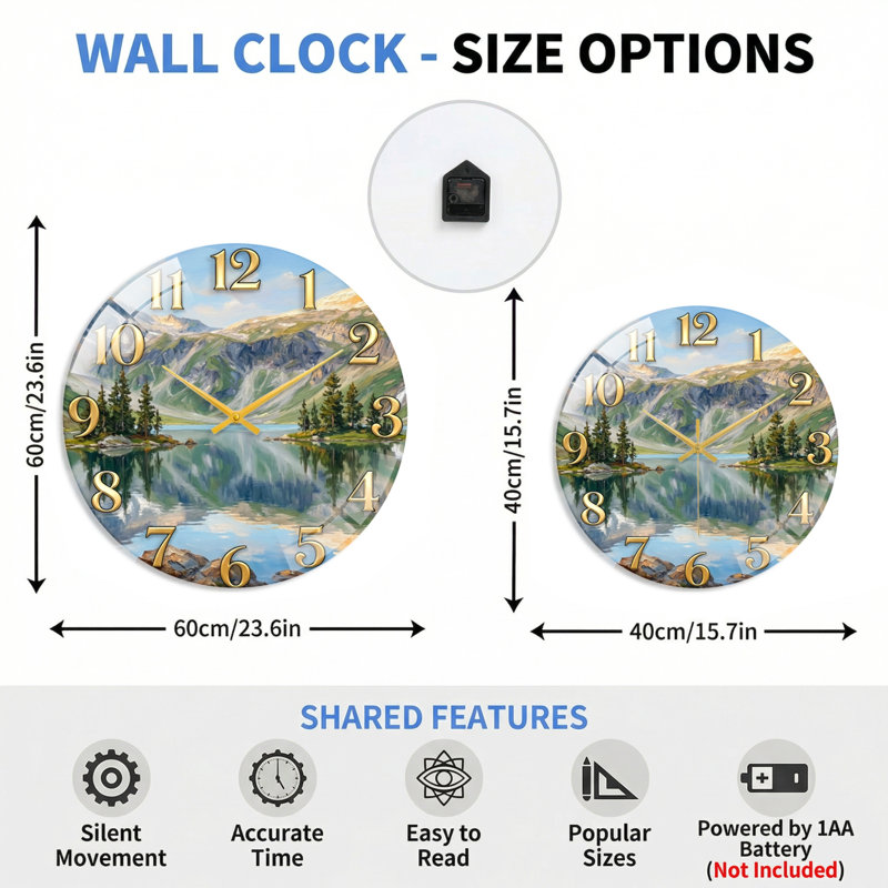"Mountain Lake", horloge murale en verre, 60 x 60 cm (23,6 x 23,6 pouces)