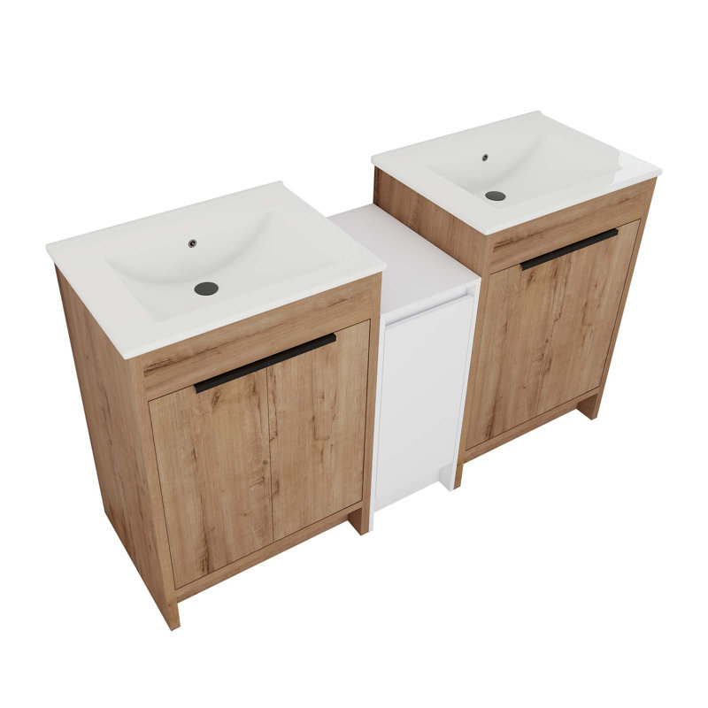 Meuble-lavabo autoportant avec lavabo en céramique et armoires de rangement, porte à fermeture douce