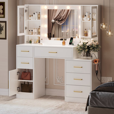 51" White 6-drawer Vanity Desk With 2 Cabinet Doors, Modern Makeup Vanity with LED Lights For Bedroom