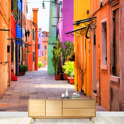 Colorful Street in Burano Near Venice Italy Removable Self Adhesive Large Wallpaper