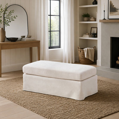 43.7" Wide Modern Upholstered Chenille Ottoman, Foot Stool Square Footrest with Black Metal Legs for Living Room Bedroom Entryway and Office, Beige