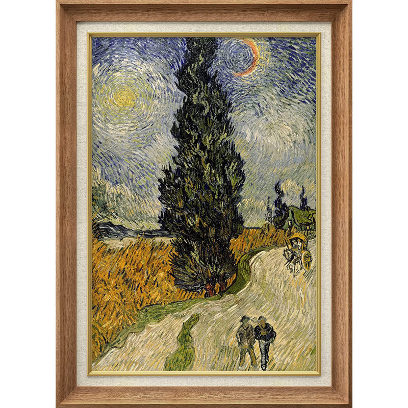 «Road with Cypress Trees» par Vincent Van Gogh - peinture sur toile à cadre unique, Naturel