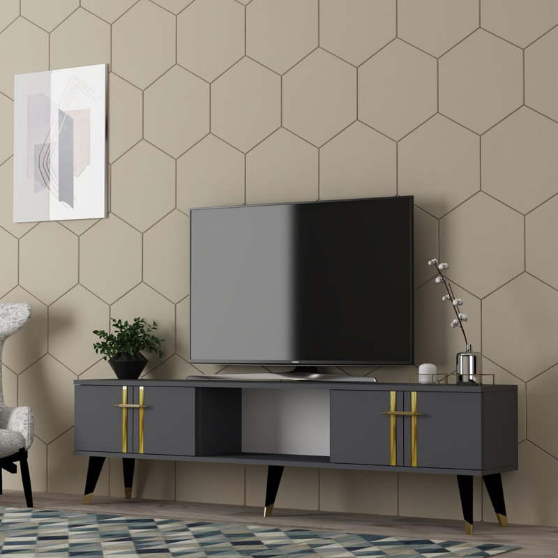 Meuble télé moderne avec anthracite et or 59,1 po x 17,6 po x 11,6 po | 100% panneau de particules enduit de mélamine, épaisseur: 0,7 pouce | Conception élégante pour le salon et les espaces de divertissement, durable et élégante