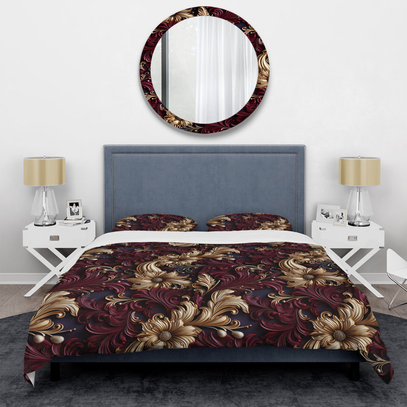 Opulent Victorian Scrollwork Victorian Pattern Floral Duvet Cover, King Duvet Cover + 2 King Shams