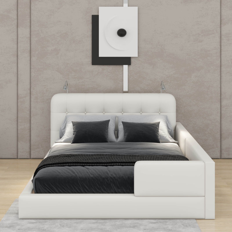 Grand lit plateforme tapissier avec 2 lumières, Blanc