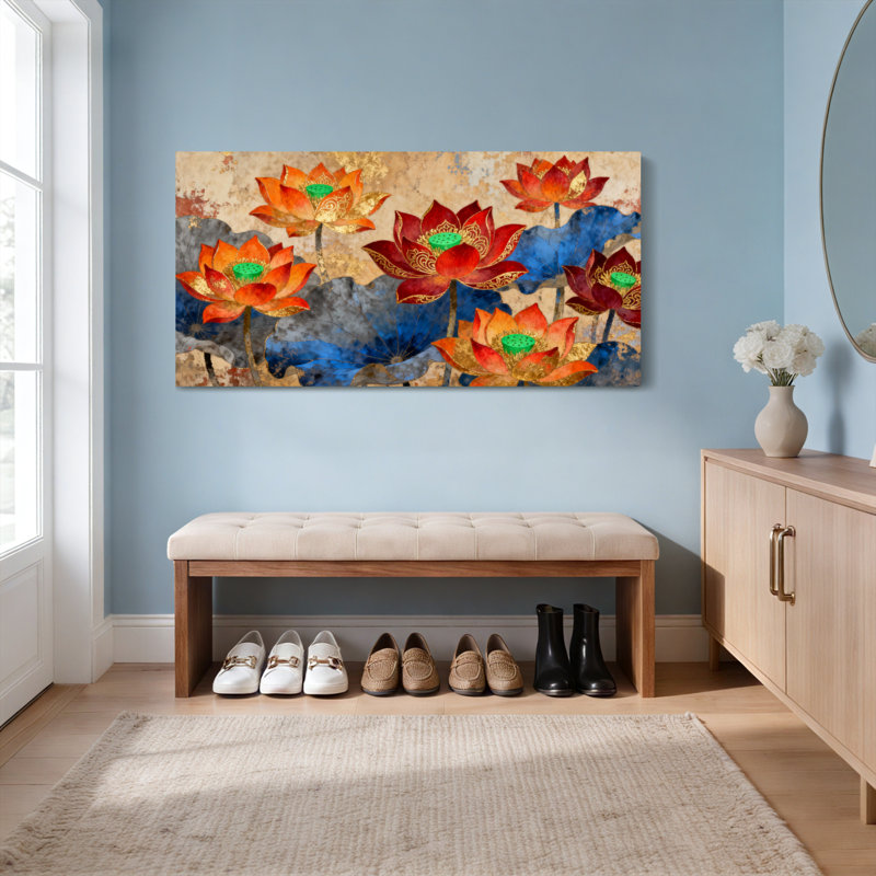 Ensemble de 1 tableau abstrait sur toile tendue, orné de fleurs de lotus, H 20 po x l 40 po