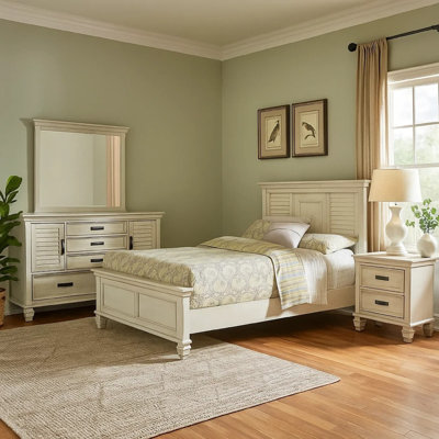 Ensemble de chambre avec grand lit 4 pièces Eli, bois blanc rustique, miroir de commode