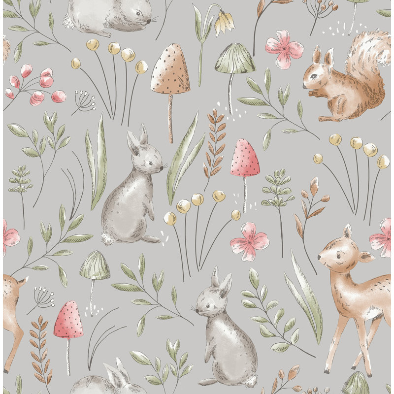 Papier peint fantaisiste avec des animaux de la forêt, Gris