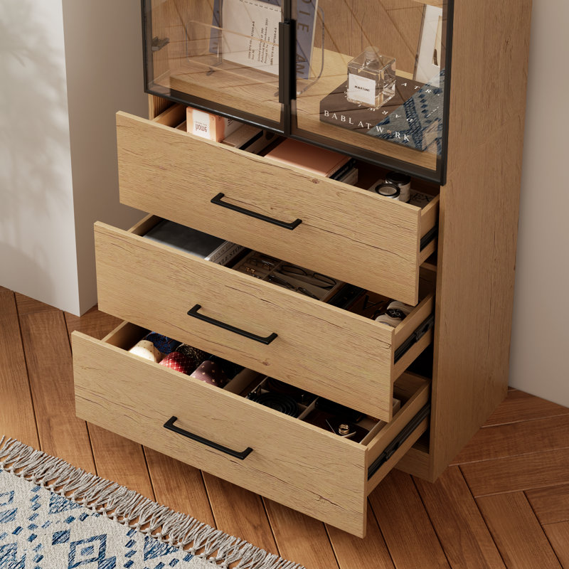 Vitrine haute 78,7 "avec porte vitrée, éclairage ambiant à DEL multicolore, grande bibliothèque à 5 niveaux avec armoire de rangement pour le salon, naturel