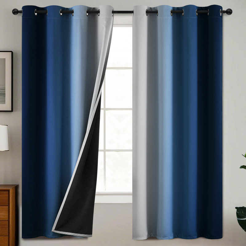 Ombre 100% Blackout Curtain-Room Darkening Grommet Drapes for Bedroom&Living Room, 52" W x 72" L, Dark Blue