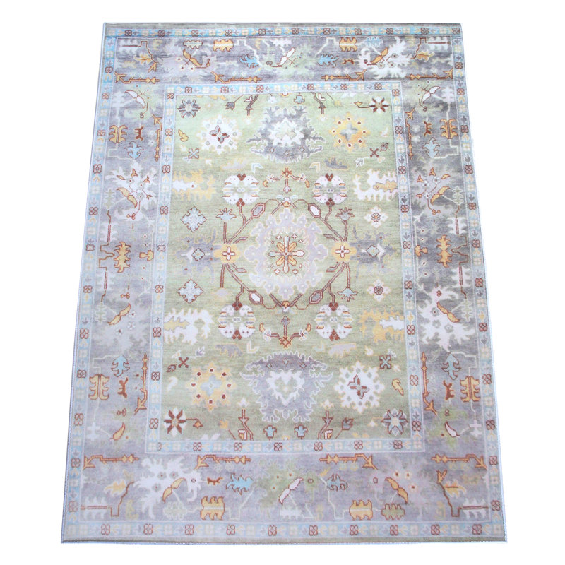 Modern Green Oushak Machine Washable Runner with Built-in Padding & Non-Slip Backing, Square 8'