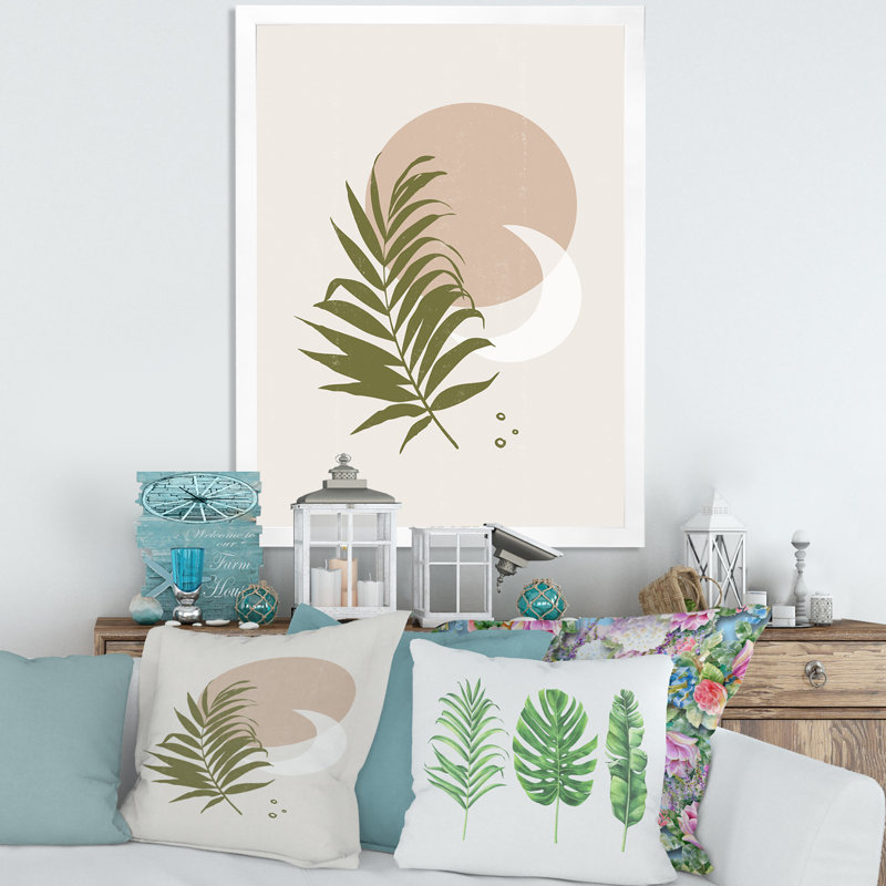 Abstrait soleil et lune avec feuille verte II - impression sur toile, H 32 po x l 16 po x P 1,5 po, Toile blanche encadrée