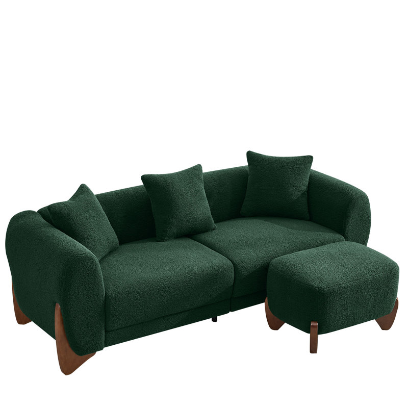  Canapé rembourré 87 po avec repose-pieds Sherpa Boucle 87 po - Ensemble de canapé moderne avec pieds en bois massif, Vert