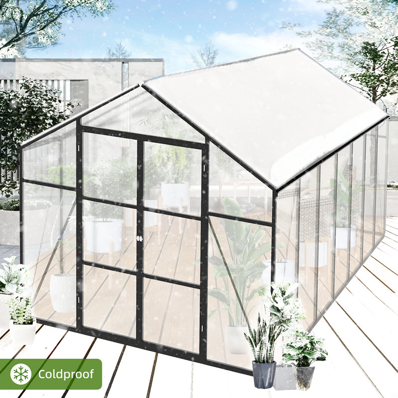 Base surélevée en polycarbonate à effet de serre et serres en aluminium robuste, H 93,31 po x l 168,5 po x P 97,24 po, Noir