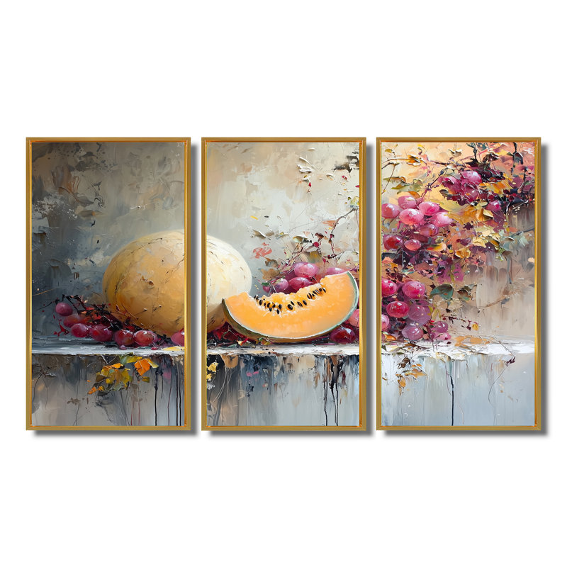 Ensemble de salon Melon dans des tons oranges et roses - Melon Wall Art, Toile avec cadre flottant or, 28" H x 36" W x 1" D
