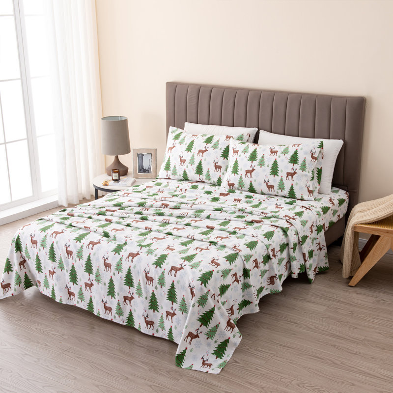 Gray Queen Cotton Flannel Sheet Set with Deer and Trees Print