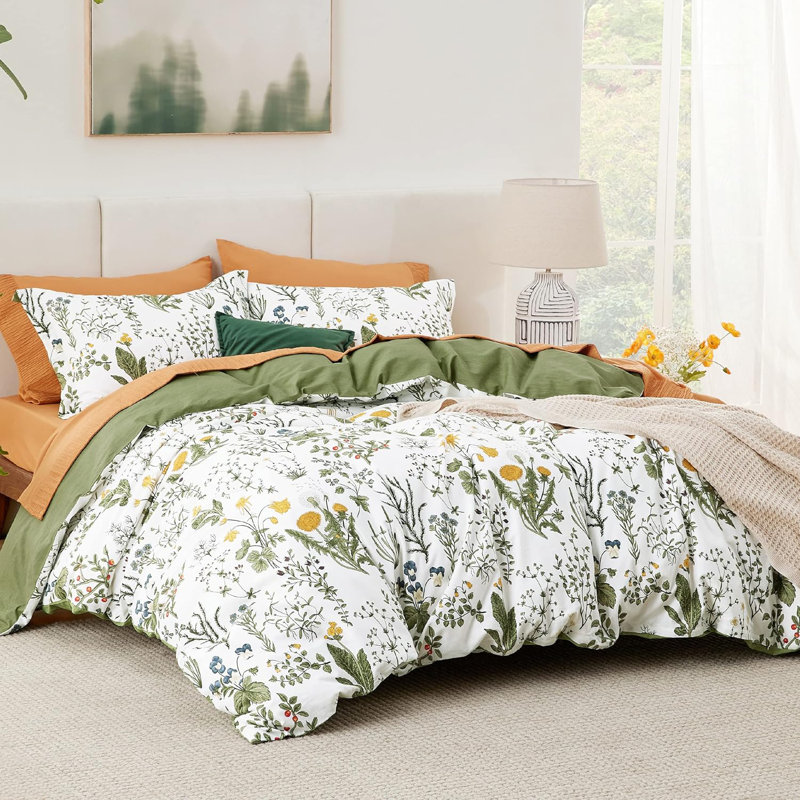 Bedsure 100% Cotton Reversible Floral Duvet Cover Set, King Duvet Cover + 2 King Shams, Green/Yellow Floral
