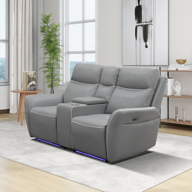 Causeuse inclinable en cuir 70 po avec console de rangement, USB et DEL