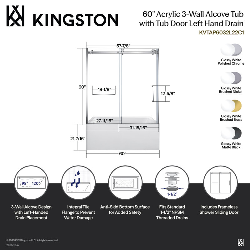 Kingston Brass 60-Inch Acrylic Rectangular 3-Wall Anti-Skid Alcove Tub With Tub Door, Left Hand Drain, Left, Polished Chrome