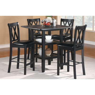 Ensemble de salle à manger 5 pièces hauteur comptoir : table noire avec étagères et 4 chaises, fini en similicuir.