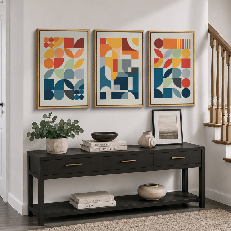 Abstrait, couleurs vives et abstraites «Œuvre abstraite et audacieuse bleu orange contemporain, images bohème de style Mid-Century moderne, impression numérique sur toile 3 pièces  