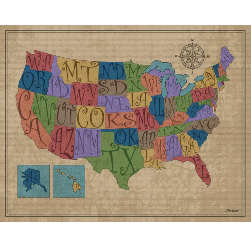 Art sur toile tendue Lark Manor ™ Williams, Todd Gallery, carte des États-Unis, H 28 po x l 34 po