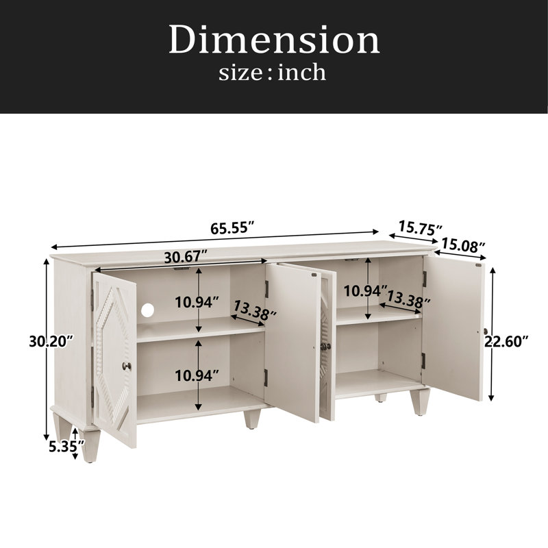 Buffet 65,5 po Mid Century Modern Buffet, Blanc antique