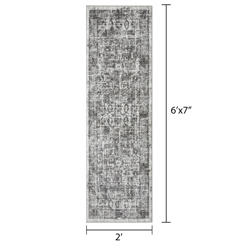 Tapis oriental gris en polypropylène tissé à la main Ragheb, Tapis de couloir 2 pi x 6 pi 7 po