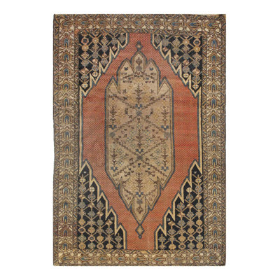 Alfeus Oriental Handmade Rectangle 4'6" x 6'4" Wool/Cotton Area Rug in Rust/Black