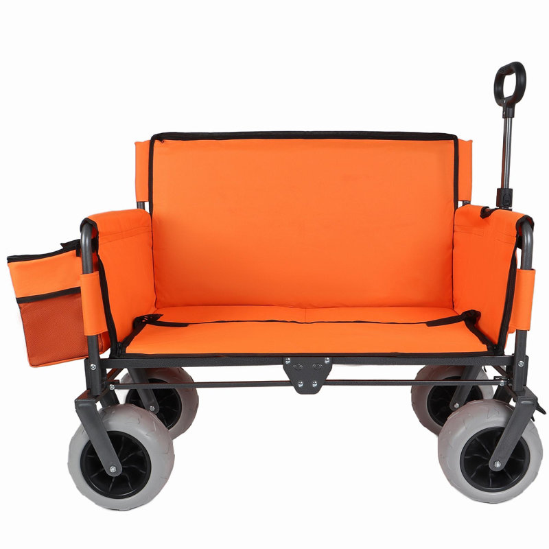 Chariot pliant 3-en-1 avec siège de banc - protection brevetée, comprend 1 sac de glace, capacité de 500 lb, pneus de plage 9 po x 4 po pour le camping et la plage, orange