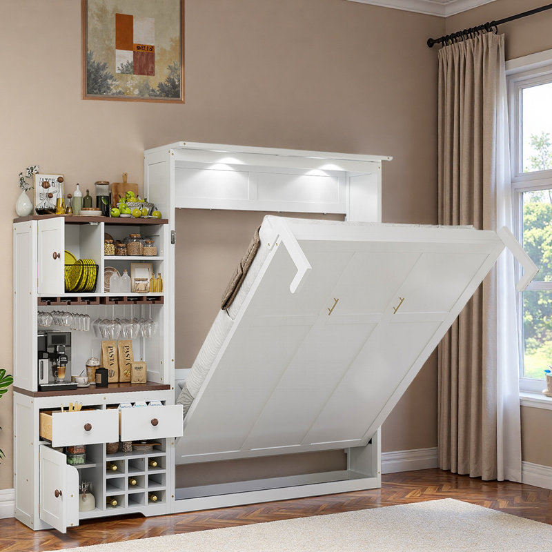 Lit escamotable avec armoire de rangement, support à vin, porte-verre, tiroirs et bande à DEL multicolore, Blanc